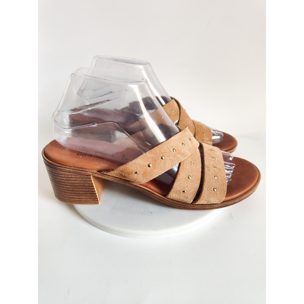 Mila Paoli Sandals 9 40 Slides Studded Suede Block Heel Tan Boho Italian Leather